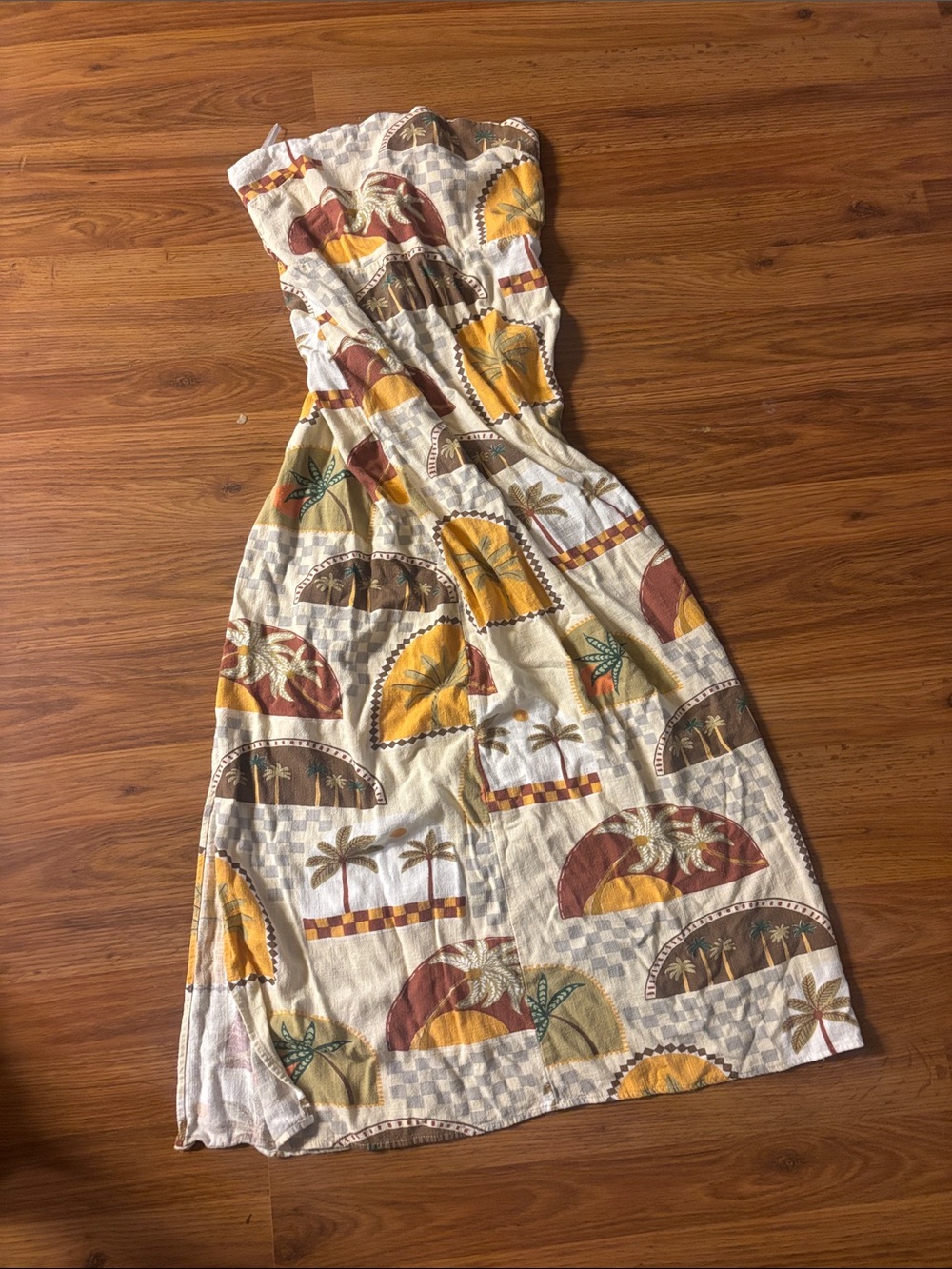 Tropical Print Strapless Maxi Dress in Cream, Mustard & Brown
